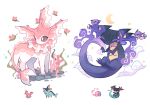  brown_eyes charamells closed_eyes cloud commentary corsola dragapult dreepy english_commentary full_body fusion gen_1_pokemon gen_2_pokemon gen_5_pokemon gen_8_pokemon highres multiple_fusions munna no_humans pokemon seaweed simple_background standing vaporeon white_background 