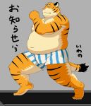  2012 anthro belly bulge clothing felid humanoid_hands iwano japanese_text kemono male mammal moobs navel nipples overweight overweight_male pantherine pink_nose solo text tiger underwear 