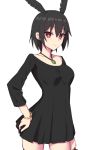  1girl bangs black_dress black_hair blush bracelet breasts dress elfenlied22 fate/grand_order fate_(series) head_wings highres jewelry looking_at_viewer medium_breasts necklace ortlinde_(fate/grand_order) pendant red_eyes short_hair simple_background solo thighs valkyrie_(fate/grand_order) 