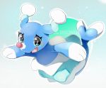 :d blue_background blue_eyes brionne character_name commentary creature english_commentary fang full_body gen_7_pokemon happy jaibus looking_at_viewer no_humans number open_arms open_mouth pokemon pokemon_(creature) pokemon_number simple_background smile solo 