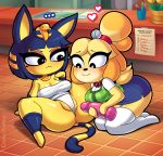  2020 animal_crossing ankha_(animal_crossing) anthro blue_hair breasts canid canine canis clothed clothing digital_drawing_(artwork) digital_media_(artwork) dildo domestic_cat domestic_dog duo eroticphobia felid feline felis female female/female floor genitals hair hi_res humanoid isabelle_(animal_crossing) legwear mammal nintendo on_ground pussy sex_toy socks spread_legs spreading toy video_games 