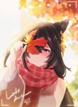  1girl alternate_costume animal_ears autumn_leaves bare_shoulders black_hair blurry blurry_background blush closed_mouth detached_sleeves earrings erune granblue_fantasy hair_over_one_eye highres holding holding_leaf jewelry leaf long_hair nier_(granblue_fantasy) nowherearora outdoors red_eyes red_scarf scarf single_earring smile sunlight sweater taking_picture tree wide_sleeves 