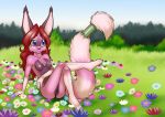 anthro biped breasts canid chest_tuft female flower fluffy fluffy_tail foxyverse fur genitals hair hi_res long_hair long_tail mammal mancoin nature nipples nude pink_body pink_fur plant purple_eyes pussy red_hair signature silveta_(foxyverse) small_breasts smile solo tail_ring tuft 