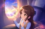  1girl airplane_interior airplane_wing armrest bangs blue_sky brown_eyes brown_hair cloud cloudy_sky collarbone eyebrows_visible_through_hair hair_ornament hair_ribbon hand_on_own_chest hands idolmaster idolmaster_cinderella_girls lens_flare long_sleeves looking_to_the_side medium_hair official_art open_mouth ribbon seat sitting sky sun sunlight tachibana_arisu window 