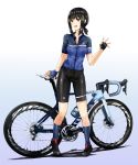 1girl alternate_costume bicycle bike_shorts black_eyes black_footwear black_hair black_shorts blue_shirt commentary_request fingerless_gloves fubuki_(kantai_collection) gloves grey_legwear ground_vehicle highres kantai_collection kazu_(really_in_hot_water_now) long_hair low_ponytail multicolored multicolored_clothes multicolored_gloves ponytail shirt short_ponytail shorts sidelocks socks solo standing waving 
