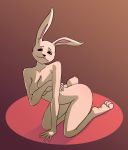  3_toes aikaanarchy anthro beastars black_eyes blush covering covering_breasts domestic_rabbit empty_eyes female full-length_portrait fur gradient_background haru_(beastars) hi_res humanoid_hands kneeling lagomorph leporid long_ears mammal nude oryctolagus portrait rabbit shadow simple_background solo toes white_body white_fur 