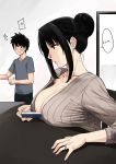  1boy 1girl bangs between_breasts black_hair blush breast_rest breasts chair cleavage cup from_side grey_shirt hair_bun highres large_breasts looking_at_another mature measuring mole mole_under_mouth original parted_lips ribbed_sweater ruler shirt short_hair sidelocks standing sweatdrop sweater t-shirt table xtermination 
