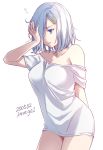  1girl artist_name blue_eyes breasts collarbone commentary_request cowboy_shot dated hair_ornament hair_over_one_eye hairclip hamakaze_(kantai_collection) hand_on_own_face kantai_collection large_breasts off-shoulder_shirt off_shoulder shirt short_hair silver_hair simple_background sleepy solo standing t-shirt u0709 white_background white_shirt 