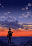  1girl arrow character_name cloud dated flight_deck highres horizon kaga_(kantai_collection) kantai_collection looking_away night night_sky ocean quiver side_ponytail sky solo star_(sky) starry_sky sunset thighhighs timato twitter_username water zettai_ryouiki 