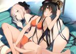  2girls akinashi_yuu ass bangs bare_shoulders bikini black_bow black_hair blonde_hair blush bow breasts cleavage collarbone commentary_request crossed_ankles day eyebrows_visible_through_hair fate/grand_order fate_(series) grin hair_between_eyes hair_bow hand_up hat koha-ace long_hair looking_at_viewer medium_breasts multiple_girls navel oda_nobunaga_(fate)_(all) oda_nobunaga_(swimsuit_berserker)_(fate) okita_souji_(fate) okita_souji_(fate)_(all) open_mouth outdoors peaked_cap red_eyes short_hair sitting smile swimsuit v yellow_eyes 