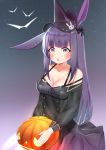  1girl alternate_costume animal_ears arknights bangs bare_shoulders black_bow black_dress black_headwear blush bow bra_strap breasts bunny_ears cleavage collarbone commentary deaver dress eyebrows_visible_through_hair gradient gradient_background grey_background grey_eyes hair_bow hat highres holding jack-o&#039;-lantern long_hair long_sleeves looking_at_viewer medium_breasts off-shoulder_dress off_shoulder parted_lips purple_background purple_hair rope_(arknights) solo upper_body witch_hat 