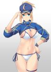  1girl ahoge artoria_pendragon_(all) baseball_cap bikini blonde_hair blue_eyes blue_headwear blush breasts cleavage commentary_request cross_(crossryou) fate/grand_order fate_(series) grey_background hair_between_eyes hair_through_headwear hat highres jacket large_breasts long_hair looking_at_viewer mysterious_heroine_xx_(foreigner) navel ponytail shrug_(clothing) side-tie_bikini simple_background solo swimsuit thigh_strap white_bikini 