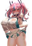  1girl :p azur_lane bangs bare_shoulders blue_hair blush breasts bremerton_(azur_lane) bremerton_(scorching-hot_training)_(azur_lane) collarbone commentary_request covered_nipples crop_top crop_top_overhang ear_piercing eyebrows_visible_through_hair hair_between_eyes hair_ornament hairclip highres huge_breasts kishin_tatu lifted_by_self long_hair looking_at_viewer multicolored_hair navel panties piercing pink_eyes pink_hair saliva saliva_trail shirt side-tie_panties sidelocks simple_background skirt skirt_lift sleeveless sleeveless_shirt solo sportswear standing streaked_hair sweat tennis_uniform thighs tongue tongue_out twintails two-tone_shirt two-tone_skirt underwear white_background white_panties x_hair_ornament 