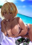  1girl ahoge bangs beach bikini bikini_tan blonde_hair blue_sky blush brand_name_imitation breasts can cleavage cloud collarbone commentary_request day dokyuu_hentai_hxeros drink eyebrows_visible_through_hair hair_ornament halterneck highres hoshino_kirara large_breasts looking_at_viewer loose_clothes lying navel ocean on_side outdoors parted_lips sand short_hair skindentation sky solo sunlight sweat swimsuit tan tanline wa_(genryusui) water yellow_eyes 