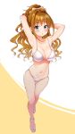 1girl arms_up bare_arms bare_legs bare_shoulders bikini blush bow breasts brown_hair cleavage full_body green_eyes hair_bow high_ponytail highres hino_akane_(idolmaster) idolmaster idolmaster_cinderella_girls long_hair looking_at_viewer medium_breasts mio_(mgr300) navel sandals solo standing stomach sweat swimsuit thigh_gap two-tone_background wavy_hair white_background white_bikini white_bow white_footwear yellow_background 