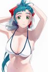  1girl absurdres ahoge arms_up bikini blue_hair breasts cleavage drying drying_hair green_eyes hair_ribbon highres holding holding_towel irako_(kantai_collection) kantai_collection long_hair medium_breasts navel ojipon parted_lips ponytail ribbon simple_background solo swimsuit towel white_background white_bikini 