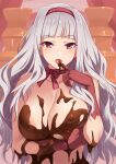  1girl arm_under_breasts bangs blush breasts brown_gloves chocolate_on_breasts choker covered_nipples earrings gloves hairband heart heart_earrings highres idolmaster idolmaster_(classic) inue_shinsuke jewelry long_hair looking_at_viewer nude open_mouth purple_eyes shijou_takane silver_hair tongue tongue_out wavy_hair 