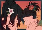  1boy 1girl absurdres black_hair closed_eyes dororo_(character) dororo_(tezuka) flower highres hyakkimaru_(dororo) ichi_asakura leaf long_hair messy_hair ponytail profile red_flower smile white_flower 