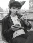  3:4 5_fingers ambiguous_gender anthro canid canine chopsticks city clothed clothing detailed_background digital_media_(artwork) eating fingers food fox greyscale headphones holding_object holding_tool holding_utensil kitchen_utensils mammal monochrome sitting solo sushi terry_grimm tools 
