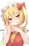  1girl blonde_hair bow flandre_scarlet hair_bow hat head_tilt highres karasusou_nano licking_lips long_hair looking_at_viewer mob_cap naughty_face one_side_up penetration_gesture red_bow red_eyes red_vest shirt simple_background solo tongue tongue_out touhou upper_body vest white_background white_headwear white_shirt wings yellow_neckwear 