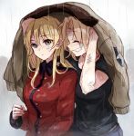  blonde_hair blue_eyes braid darjeeling_(girls_und_panzer) girls_und_panzer hair_intakes jacket kay_(girls_und_panzer) long_hair long_sleeves military military_uniform multiple_girls rain red_jacket saunders_military_uniform short_hair smile st._gloriana&#039;s_military_uniform uniform yuuyu_(777) 