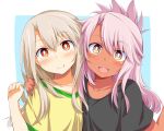  2girls alternate_costume bangs black_shirt blonde_hair blue_background blush breasts chata_maru_(irori_sabou) chloe_von_einzbern collarbone commentary_request dark_skin eyebrows_visible_through_hair fate/grand_order fate_(series) green_shirt illyasviel_von_einzbern long_hair looking_at_viewer multiple_girls open_mouth pink_hair red_eyes shirt simple_background smile white_background 