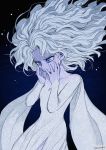  1girl black_background blue_eyes cowboy_shot dress elsa_(frozen) floating_hair frozen_(disney) frozen_ii_(disney) long_hair long_sleeves outsuki purple_skin signature simple_background snowflakes solo white_dress white_hair 