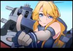  1girl absurdres blonde_hair blue_background blue_eyes cannon commentary english_commentary fingerless_gloves gloves gradient gradient_background headgear highres iowa_(kantai_collection) kan6e_ver kantai_collection looking_at_viewer machinery solo star star-shaped_pupils symbol-shaped_pupils turret upper_body 