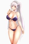  1girl azur_lane bangs bare_shoulders bikini blue_butterfly blush breasts butterfly_hair_ornament choker cleavage collarbone commentary_request cowboy_shot doughnut dunkerque_(azur_lane) dunkerque_(summer_sucre)_(azur_lane) earrings eyebrows_visible_through_hair food front-tie_bikini front-tie_top grey_hair groin hair_between_eyes hair_ornament hairband hand_up headdress highres holding holding_food jewelry kdkaikai large_breasts long_hair looking_at_viewer midriff navel open_mouth pink_eyes ponytail purple_bikini purple_choker sheer_clothes sidelocks simple_background solo standing swimsuit thigh_gap white_background white_hairband 