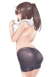  1girl absurdres akizuki_(kantai_collection) ass bangs bike_shorts black_hair blush breasts eyebrows_visible_through_hair grey_eyes highres kantai_collection kiritto long_hair medium_breasts open_mouth ponytail profile simple_background solo sweat topless towel towel_around_neck white_background 