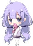  1girl ahoge azur_lane bangs blush cardigan cherry_blossoms chibi commentary_request eyebrows_visible_through_hair flower_in_mouth full_body hair_ornament hair_scrunchie long_hair long_sleeves looking_at_viewer low_twintails neckerchief pantyhose pink_neckwear pleated_skirt purple_eyes purple_hair purple_sailor_collar purple_scrunchie purple_skirt sailor_collar school_uniform scrunchie sidelocks simple_background skirt solo standing sukireto twintails unicorn_(amusement_park_date)_(azur_lane) unicorn_(azur_lane) very_long_hair white_background white_cardigan white_legwear x_hair_ornament 
