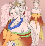  1girl areolae barefoot blue_eyes bow breasts cleavage collage dragon_quest dragon_quest_xi eyeshadow floral_background forehead grey_hair hair_bun half-closed_eyes headdress highres japanese_clothes jewelry kenshin187 kimono lips long_hair looking_at_viewer magatama makeup medium_breasts necklace nima_daishi nipples no_bra off-shoulder_kimono off_shoulder orange_bow pearl_necklace sitting solo topless wide_hips 