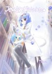  1girl black_legwear blue_hair book bookshelf brown_footwear creature glasses hairband ibe_yukiko jewelpet_(series) jewelpet_twinkle labcoat official_art orange_skirt red_eyes sapphie_(jewelpet) sara_(jewelpet_twinkle) school_uniform short_hair skirt thighhighs vest yellow_vest 