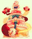  alcremie cake charlotte_(madoka_magica) commentary creature elikapika english_commentary food gen_8_pokemon gigantamax gigantamax_alcremie highres kirby kirby_(series) mahou_shoujo_madoka_magica no_humans pokemon pokemon_(creature) ribbon striped striped_ribbon 