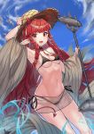  1girl arknights armpits bare_shoulders bikini black_bikini blurry braid breasts cloud depth_of_field fish hand_on_headwear hat highres holding horns long_hair looking_at_viewer medium_breasts navel off_shoulder ohihil open_mouth outdoors pointy_ears polearm red_eyes red_hair see-through sky smile solo stomach straw_hat string_bikini swimsuit thighs trident twin_braids very_long_hair vigna_(arknights) water weapon 