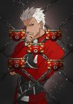  1boy archer armor chain covering_mouth dark_skin expressionless fate/stay_night fate_(series) g0ringo grey_background grey_eyes gyakuten_saiban light_particles lock looking_at_viewer male_focus parody signature solo upper_body white_hair 