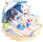  1girl :d ahoge animal_ears azur_lane bare_arms bare_shoulders beach_mat beach_umbrella between_legs bikini bird blue_skirt breasts bucket chick choker cleavage extra_ears fox_ears fox_tail front-tie_bikini front-tie_top green_eyes halter_top halterneck hololive long_hair looking_at_viewer manjuu_(azur_lane) medium_breasts miniskirt nagishiro_mito official_art open_mouth oruyanke_(fubuki_channel) sand shirakami_fubuki sidelocks sitting skirt smile solo swimsuit tail transparent_background turret umbrella very_long_hair virtual_youtuber wariza white_bikini white_hair 