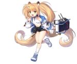  1girl :d absurdly_long_hair animal animal_ear_fluff animal_ears armpit_crease azur_lane backpack bag bandaid bandaid_on_knee bare_shoulders black_shorts blonde_hair cat crop_top fang flat_chest green_eyes hair_ornament hand_up handbag holding jacket lion_ears long_hair long_sleeves looking_at_viewer makinami_(azur_lane) makinami_(time_for_school!)_(azur_lane) midriff navel off_shoulder official_art open_clothes open_jacket open_mouth philomelalilium pouch running shirt shoes short_shorts shorts sleeveless sleeveless_shirt smile sneakers socks solo thighs transparent_background turret twintails very_long_hair white_jacket white_legwear white_shirt 