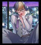  1boy artist_name bangs belt blonde_hair blurry blurry_background brown_belt commentary_request doubutsu_no_mori glasses green_eyes grey_hair grey_pants grey_sleeves heterochromia indoors jack_(doubutsu_no_mori) long_sleeves looking_at_viewer male_focus nayutaka necktie open_mouth pants personification purple_neckwear shirt solo tongue tongue_out white_shirt window yellow_eyes 