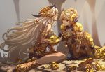  2girls armor blonde_hair crab gloves gold highres holding_hands horned_headwear kanrinin_(gyfp4747) kulve_taroth_(armor) kulve_taroth_(master_rank_armor) long_hair monster_hunter monster_hunter:_world multiple_girls sandals silver_hair sparkle very_long_hair 