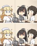  ! /\/\/\ 3girls ahoge akizuki_(kantai_collection) alternate_costume black_hair blonde_hair blue_eyes breast_conscious breast_press breasts brown_eyes brown_hair casual chou-10cm-hou-chan clothes_writing commentary_request dated double_bun fletcher_(kantai_collection) hair_ornament hamu_koutarou headband highres kantai_collection large_breasts looking_at_another looking_down miyuki_(kantai_collection) motion_lines multiple_girls ponytail shaded_face shirt short_hair signature small_breasts spoken_exclamation_mark standing translation_request turtleneck upper_body white_headwear white_shirt 