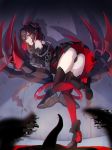  1girl arm_cuffs ass black_hair black_panties blood bloody_hands boots chain claws commentary_request dress evil_smile from_behind full_body glitch hair_ornament highres honkai_(series) honkai_impact_3rd huge_claws looking_at_viewer medium_hair multicolored_hair nasubi_(1ra1ri1ko2cho1mi2na) panties red_eyes red_hair red_legwear seele_vollerei seele_vollerei_(stygian_nymph) shaded_face shadow short_dress smile thighhighs thighs two-tone_hair underwear veliona 