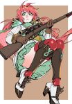  1girl blush border brown_background brown_gloves character_request closed_mouth cross-laced_footwear dress floating_hair girls_frontline gloves green_dress green_eyes gun high_heels highres holding holding_gun holding_weapon long_hair looking_at_viewer red_hair red_legwear rifle ruukii_drift simple_background sniper_rifle solo thighhighs trigger_discipline weapon white_border white_footwear wide-eyed 