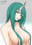  1girl arknights breasts cleavage collarbone dated gradient gradient_background green_hair hair_censor head_tilt highres horn hoshiguma_(arknights) large_breasts long_hair looking_at_viewer nude oni_horn parted_lips signature solo twitter_username unel upper_body yellow_eyes 