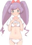 1girl ahoge blush bow bra breasts green_eyes hair_bow highres hyakumangoku_masurao long_hair manaka_lala navel open_mouth panties pretty_(series) pripara purple_hair shirt_lift simple_background small_breasts solo stomach twintails underwear white_background 