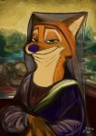  2017 absurd_res anthro brown_body brown_fur canid canine clothed clothing disney fox fur green_eyes hi_res mammal mona_lisa_(artwork) murlik nick_wilde red_fox smile solo zootopia 