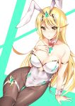  1girl absurdres animal_ears arm_support bare_shoulders black_legwear blonde_hair blush bow bowtie breasts bunny_ears bunny_girl bunnysuit cleavage closed_mouth collarbone daive detached_collar earrings fake_animal_ears fishnet_legwear fishnets gem green_background highres hikari_(xenoblade_2) jewelry large_breasts long_hair looking_at_viewer pantyhose red_neckwear sitting solo thighs two-tone_background white_background xenoblade_(series) xenoblade_2 yellow_eyes 