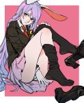  1girl animal_ears between_legs black_footwear black_legwear border brown_jacket bunny_ears closed_mouth collared_shirt crescent crescent_moon_pin hand_between_legs high_heels jacket long_hair long_sleeves looking_at_viewer necktie pink_background pink_skirt purple_hair red_eyes red_neckwear reisen_udongein_inaba ruukii_drift shirt shoes shoes_removed simple_background skirt solo thighhighs thighhighs_pull touhou very_long_hair white_border white_shirt wing_collar 