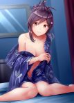 1girl alternate_costume bare_legs barefoot bed bed_sheet breasts brown_eyes cleavage collarbone fingernails hagikaze_(kantai_collection) hair_ornament hairclip highres japanese_clothes kamelie kantai_collection kimono knees_together_feet_apart long_hair medium_breasts navel ponytail purple_hair solo yukata 