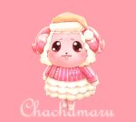  1boy absurdres blush chachamaru_(doubutsu_no_mori) character_name doubutsu_no_mori fur_trim furry hat highres horns pajamas pink_background sanomi_pori sheep sheep_horns solo 